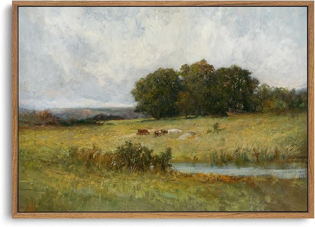 OIQArtOIQ Vintage Landscape Canvas Wall Art Framed Natural Scenery Painting Artwork Prints France Country Wilderness Farmhouse Decor Pictures Kitchen Bedroom Living Room Bathroom