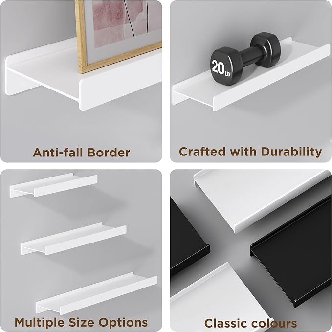Floating Shelves for Wall, Wall Mounted Shelves with Lip for Storage, Metal Display Shelves for Home Decor, Kitchen/Living Room/Bedroom/Bathroom Shelf, White 20 inch 1 Pack