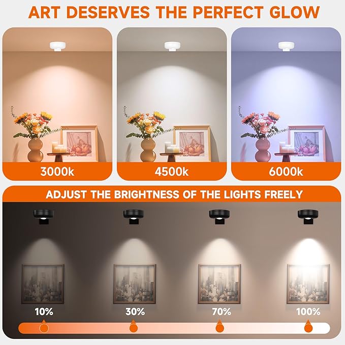 Battery Operated Painting Light, Magnetic Picture Light with Remote Dimmable and Timer, 13 Color RGB Wall Decor Puck Lights,Art Display Light for Picture Frame Paintings 3 Black