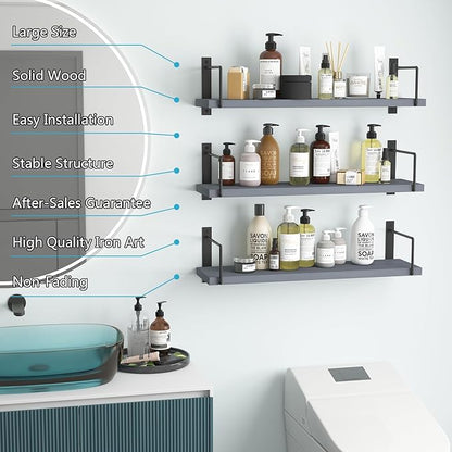 Floating Shelves - 24 Inch Wall Mounted Set of 3, Rustic Wood Storage Shelves for Living Room (Grey)