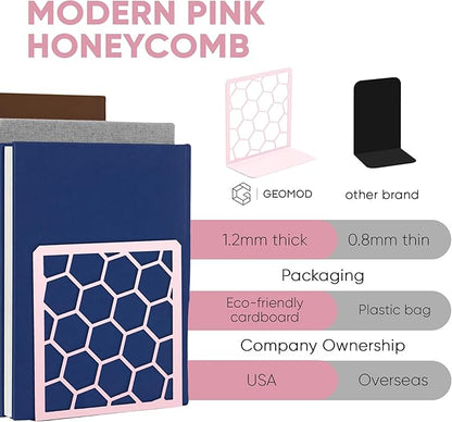 GEOMOD Geometric Honeycomb Pink Metal Bookends Decorative - Tall Sturdy Book Ends for Shelves - Modern Heavy Duty Bookend Stopper - Office or Home Book Shelf Book Holder - 6x3.25x6.25 Inches - 1 Pair