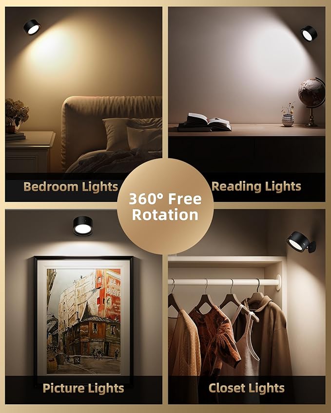 LED Wall Mounted Lights, Rechargeable Wall Sconces Lamp, 3 Color Temps & Remote and Touch, 360°Rotation Dimmable Cordless Wall Light for Study Bedroom Reading Bedside(Black, 2 Pack)