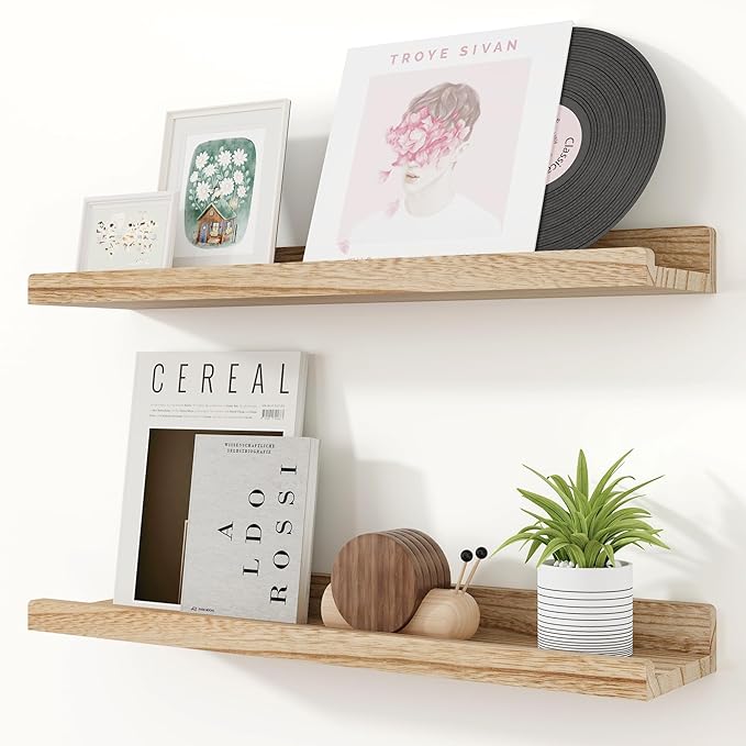 RICHFOCUS Floating Shelves for Wall, 24 inch Solid Wood Picture Ledge Shelf for Wall Storage, Nursery Book Shelves with Lip for Living Room Bathroom Bedroom Kitchen, Set of 2, Carbonized Black