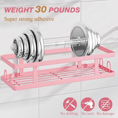 Adhesive Shower Caddy,Shower Shelves with Soap Holder and 12 Hooks,No Drilling Bathroom Organizer and Storage,Pink,3 Pack