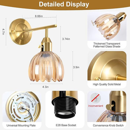 Vintage Gold Wall Sconces Set of 2 with Cute Amber Tulip Glass Lampshade, Hardwired and Wireless Wall Mounted Light Fixtures (2 Usage Methods) with Switch for Bedside Bedroom Living Room Wall Decor