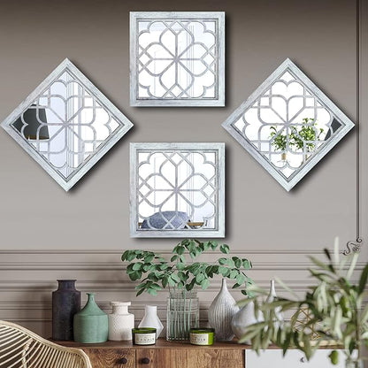 Wocred Set of 4 Mirrors Square Wall Mirror,Gorgeous Rustic Farmhouse Accent Mirror,Rustic White Color Entry Mirror for Bathroom Renovation,Bedrooms,Living Rooms and More(12”x12”4pcs)