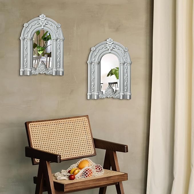 ZEXUIRU 2PCS Arched Window Wall Mirror,Rustic Farmhouse Home Decor, Wood Framed Accent Mirror for Living Room,Bathroom,Bedroom,Kitchen,14.5x10.6 Inches