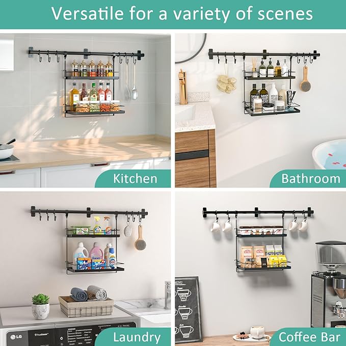 NADAMOO Kitchen Utensil Hanger and Spice Rack with Towel Rack Holder，Wall Mount Space Saving Metal Storage Organizer for Pantry, Countertop, Bathroom