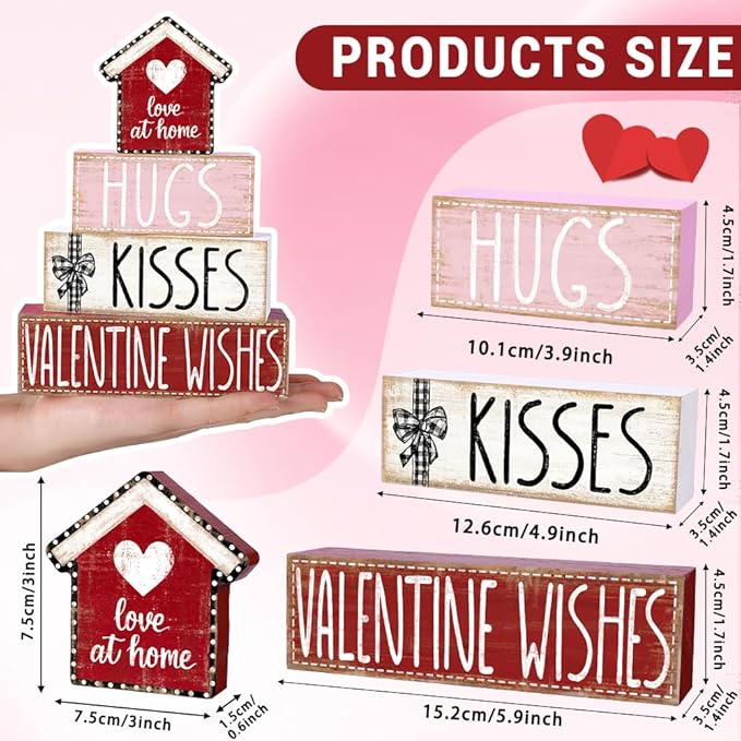 DIYDEC 4Pcs Valentine's Day Table Decoration Valentine House Wooden Block Signs Rustic Valentine Tiered Tray Decor Valentines Day Centerpiece Sign for Farmhouse Holiday Tabletop Home Party Decor