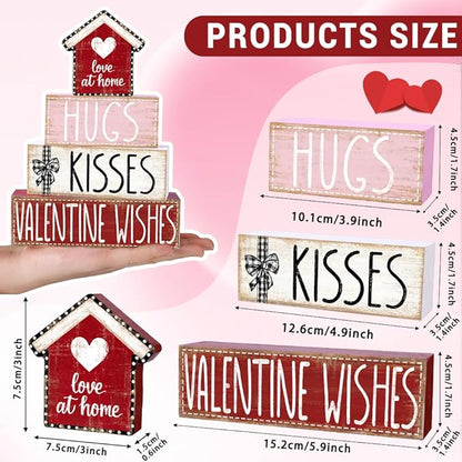 DIYDEC 4Pcs Valentine's Day Table Decoration Valentine House Wooden Block Signs Rustic Valentine Tiered Tray Decor Valentines Day Centerpiece Sign for Farmhouse Holiday Tabletop Home Party Decor