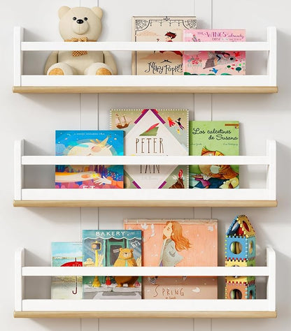 Floating Nursery Book Shelves for Wall, 24 Inch Long Wall Bookshelf for Kids Room, White and Natural Wood Hanging Bookshelves for Baby Toddler Childrens Kids Bedroom Bathroom (Set of 3)