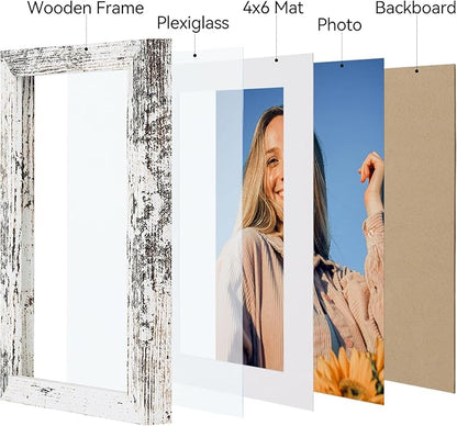 Vittanly 5x7 Picture Frame Set of 4, Display Pictures 4x6 with Mat or 5x7 without Mat, Engineered Wood with Shatter Resistant Plexiglass, Small Photo Frames for Wall or Tabletop, Distressed White