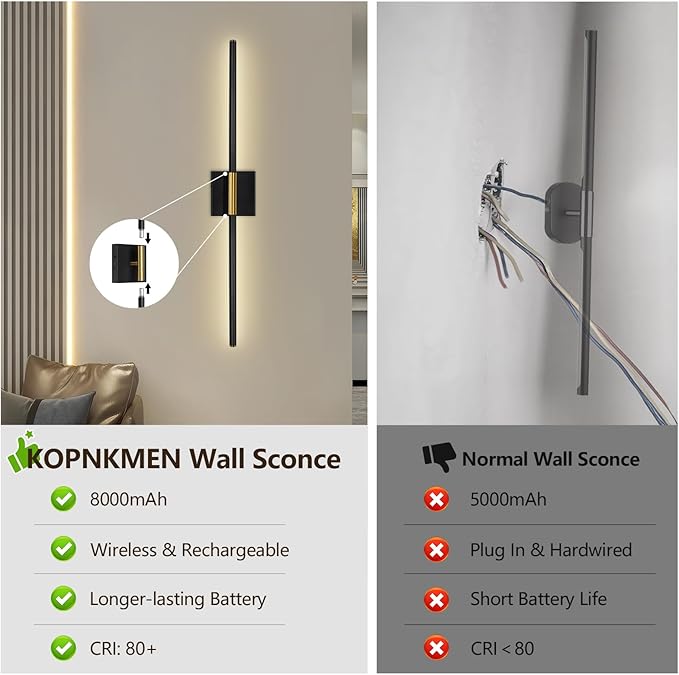 Battery Operated Wall Sconces Set of Two - Wireless Rechargeable Wall Light with Remote - Black Gold LED Wall Lamp Dimmable Modern Home Decor for Bedroom Living Room 31.5 Inch (2 Pack)
