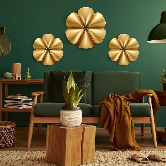 Fourluoo 3 Pack Gold Sunburst Mirrors for Wall Decor Circle Flowers Mirrors Decorative Gold Hanging Wall Art Flowers Mirror for Home Living Dinning Room Bedroom Bathroom Boho Decoration(Floral)