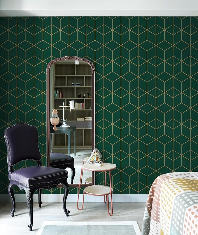 Safiyya Peel and Stick Wallpaper Gold and Dark Green Wall Paper Geometric Contact Paper Self Adhesive Removable Wallpaper for Walls Vinyl Roll 118"x17.3"