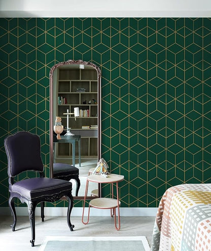 Safiyya Peel and Stick Wallpaper Gold and Dark Green Wall Paper Geometric Contact Paper Self Adhesive Removable Wallpaper for Walls Vinyl Roll 118"x17.3"