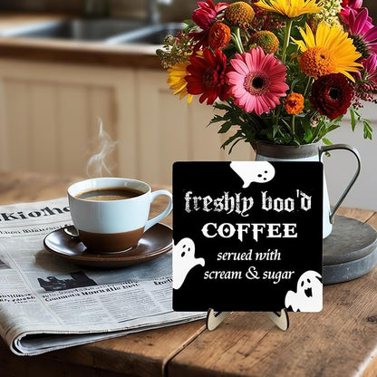 Freshly Boo'd Coffee Wood Sign, Halloween Coffee Bar Decor, Scream Sugar Spooky Season Haunted House Signs Ghosts Fall Shelf Sitter Kitchen Rustic Farmhouse Home Decor Wooden Plaque Sign