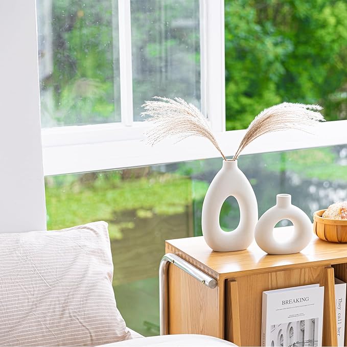 White Ceramic Vase Set of 2 for Modern Home Decor, Round Matte Donut Vases for Pampas Grass, Boho Nordic Minimalism Style Modern Flower Vases for Living Room Table Bookshelf Office Bedroom