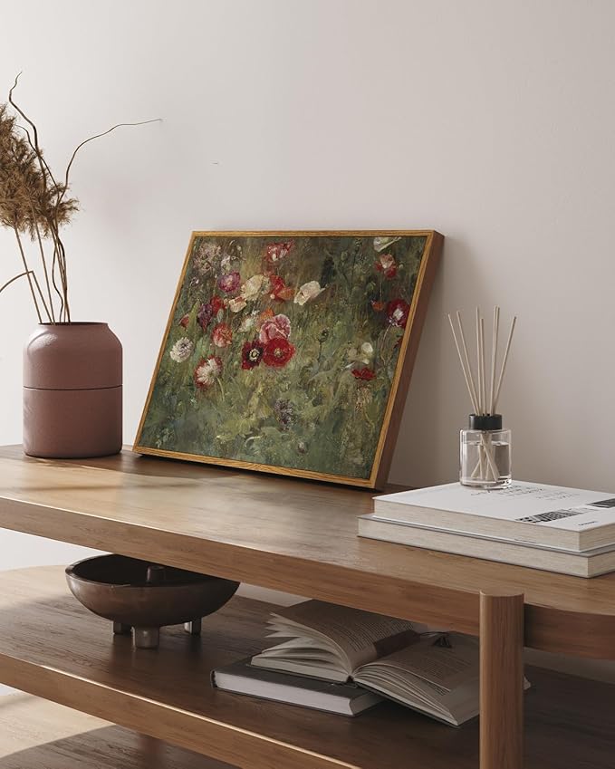 InSimSea Framed Canvas Wall Art Vintage Decor, FLoral Wall Art Decorations Classical Oil Painting Canvas Prints A Bed of Poppies Retro Home Decor Gifts, 12