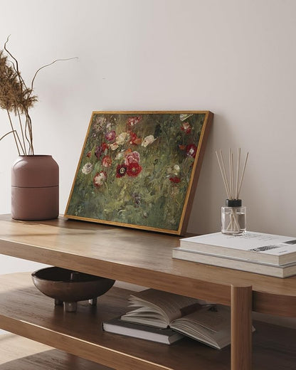 InSimSea Framed Canvas Wall Art Vintage Decor, FLoral Wall Art Decorations Classical Oil Painting Canvas Prints A Bed of Poppies Retro Home Decor Gifts, 12"x16"