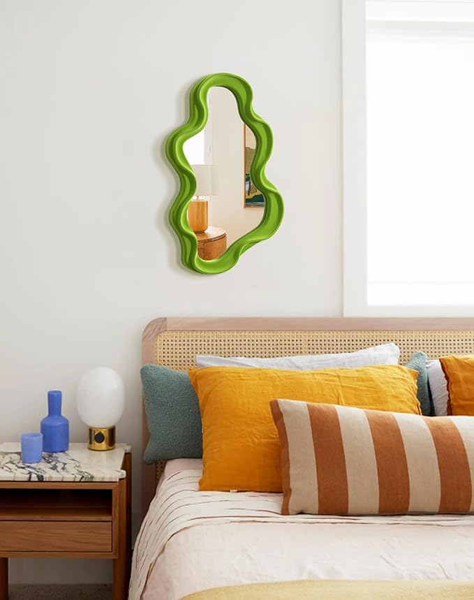 Living Room Mirrors for Wall Decor, Soft Velvet Wall Mounted Cloud Mirror for Girl Teen Women Bedroom Decoration, Cute Hanging Sculpture Home Accent for Dining Room Kitchen (Lawn Green)