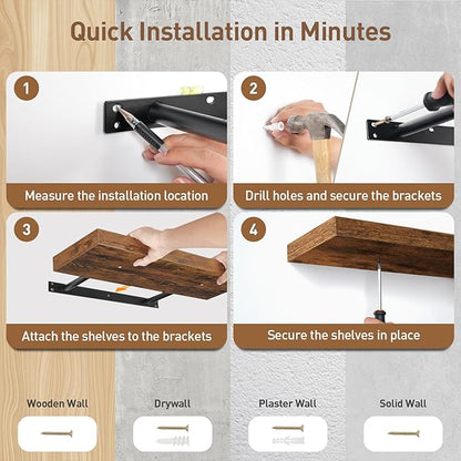 Floating Shelves for Wall, 1.5" Thick Wall Shelf Set of 3 with Invisible Bracket, L47.2 x W7.9 Hanging Shelves Farmhouse Home Decor for Bathroom, Living Room, Bedroom, Rustic Brown 12301BJP3BF