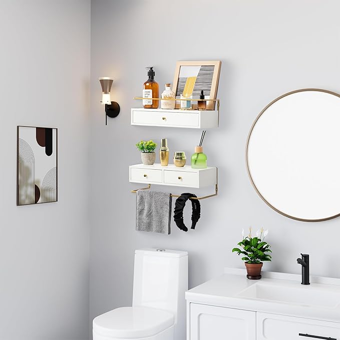 Floating Shelves With Drawers Set of 2, Wall Mounted Bathroom Storage, Rustic Wood Shelves for Bedroom, Living Room, Kitchen, Home Decor, Plants, Books (White)