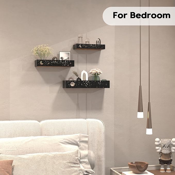 Moon and Stars Wall Shelves Black, Set of 3 Small Floating Shelves for Bedroom Living Room Wall Storage or Decor, Brown Board