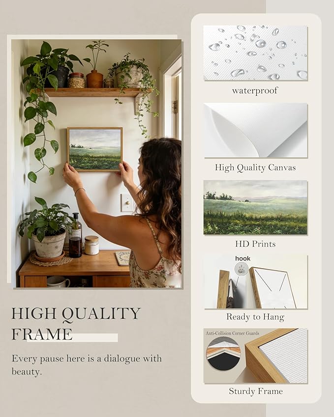 SHENIFY Vintage Landscape Framed Canvas Wall Art Grassland Classic Wall Prints Farmhouse Kitchen Office Decor - 8x10in Natural Framed