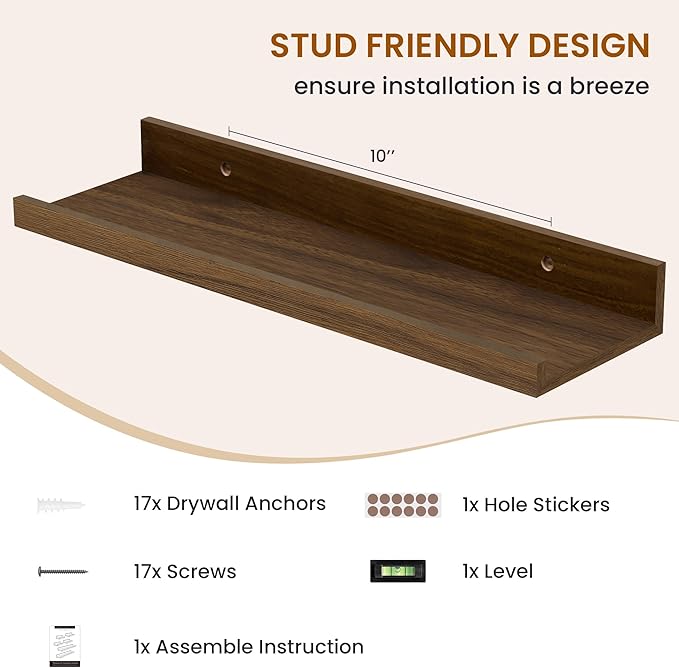 Axeman Picture Ledge Shelf, Floating Shelves for Wall Decor Storage Set of 6, 16 inch Floating Wall Mounted Shelves, Shelves with Lip for Living Room, Bedroom, Nursery, Bathroom, Kitchen, Walnut