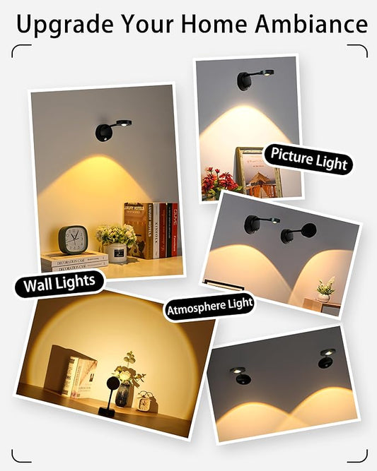 2200mAh Motion Sensor Picture Light, Spotlight Painting, LED Wall Sconce, Night Light Lamp, Rechargeable Battery Operated 3 Color & Dimmable Magnetic 360° Rotation with Remote (Black, 2 Pcs)