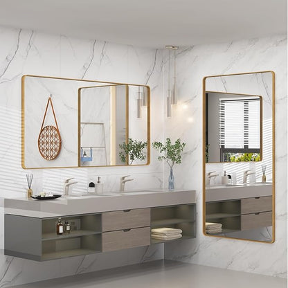 60x36 Gold Bathroom Mirror, Brushed Metal Frame Gold Vanity Mirror, Large Rectangle Mirror for Wall, Rounded Corner, Shatterproof, Anti-Rust (Horizontal/Vertical)