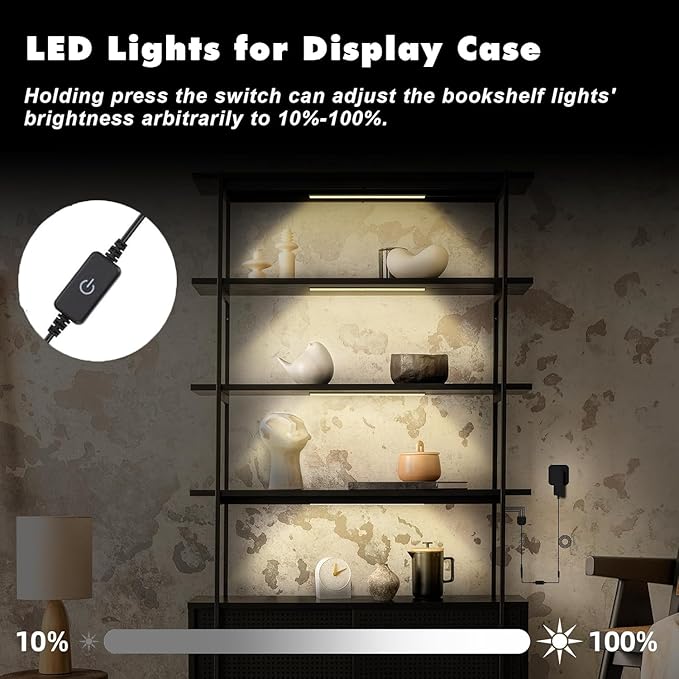JUSJUBR 4x12 Inch Natural White 4500K Shelf Lights, Dimmable Shelf Lighting with Memory Function, Ultra-Thin Black LED Light Bars for Cabinet, Display Case and Bookshelf