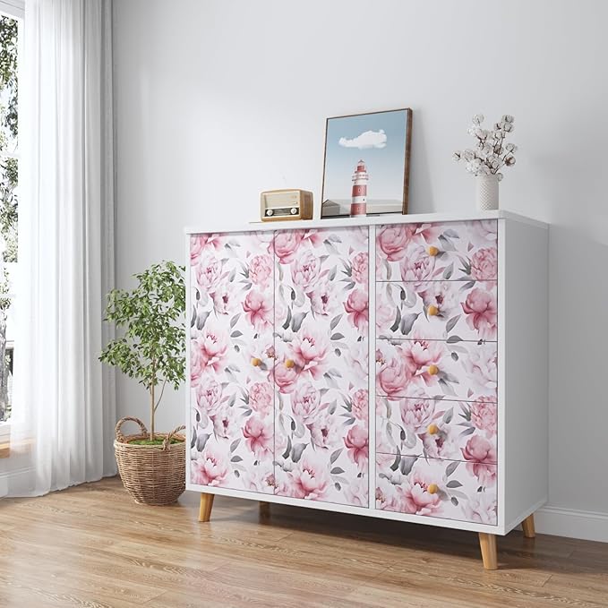Floral Wallpaper Peel and Stick, Large White & Pink Flowers Contact Paper 17.5