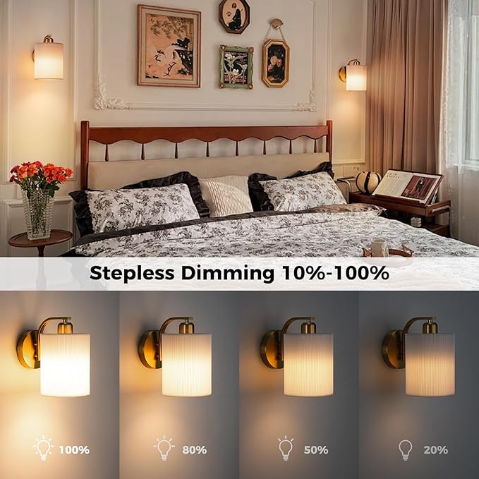 Battery Operated Wall Sconce Set of 2, Rechargeable Wall Sconce with 13000mAh Bulb Pleated Lampshade, Wireless Battery Powered Wall Sconces Set of 2 for Bedroom Living Room, Gold