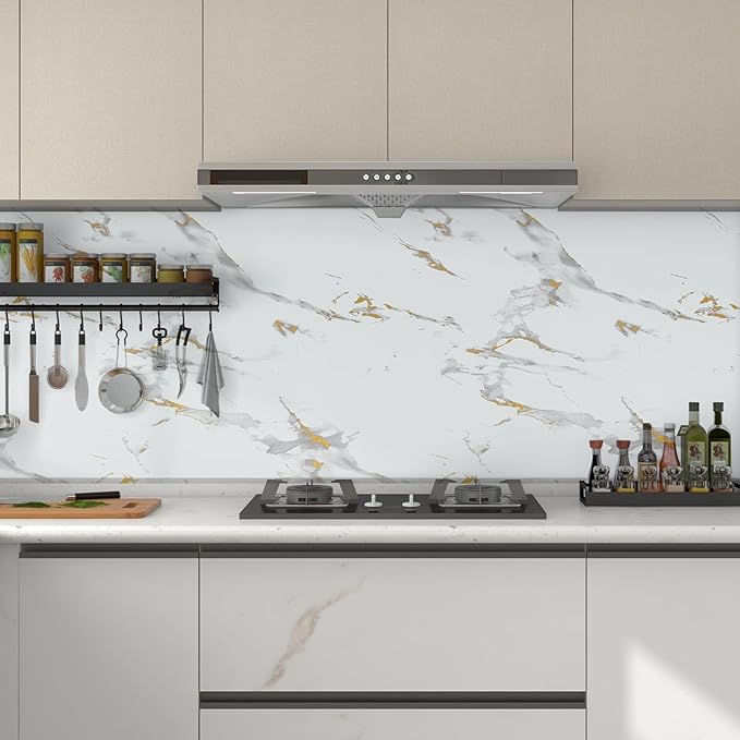 practicalWs Glossy Marble Wallpaper Peel and Stick White/Gold Granite Contact Paper Removable Wall Paper for Kitchen Countertop Cabinet Furniture 11.8