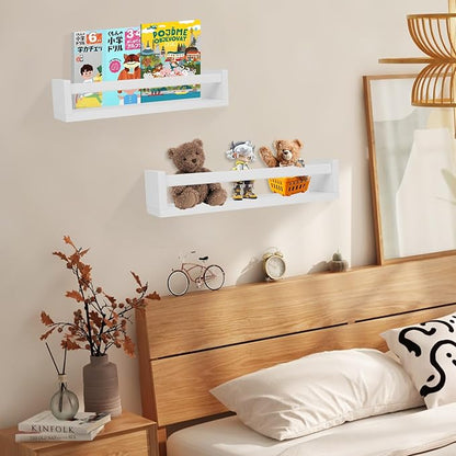 Floating Shelves - Wall Mounted Storage Shelves for Bathroom, Kitchen, Living Room and Bedroom, Natural Pine Wood, with Side Panels and Cross Bar (Set of 4) (White, 16.5")