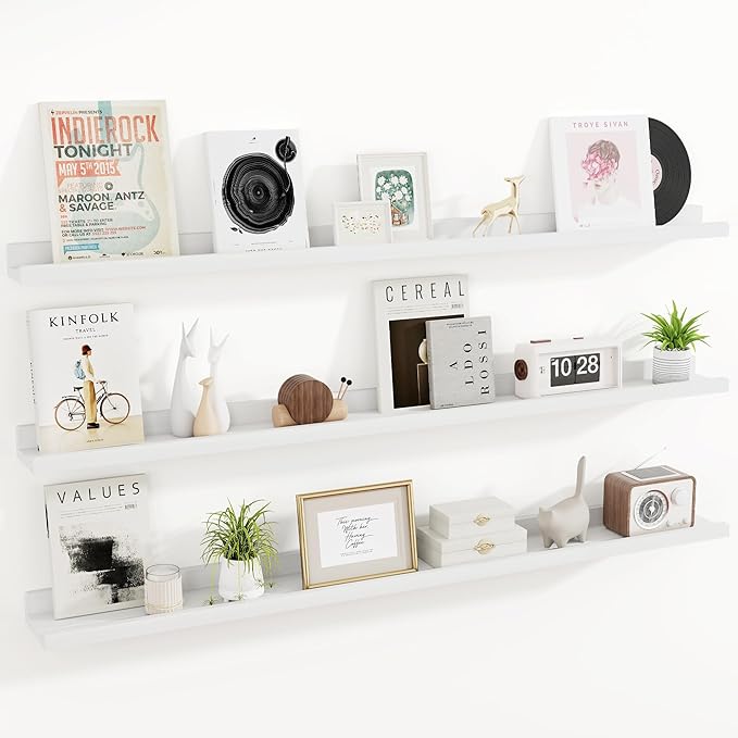 RICHFOCUS Floating Shelves for Wall, 55 inch Solid Wood Picture Ledge Shelf for Wall Storage, Nursery Book Shelves with Lip for Living Room Bathroom Bedroom Kitchen, Set of 3, Washed White