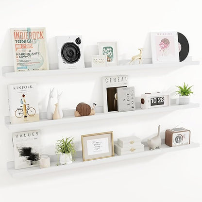 RICHFOCUS Floating Shelves for Wall, 55 inch Solid Wood Picture Ledge Shelf for Wall Storage, Nursery Book Shelves with Lip for Living Room Bathroom Bedroom Kitchen, Set of 3, Washed White