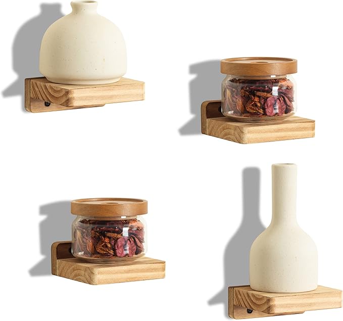 Freezing point Small Floating Shelf for Wall Set of 4 Natural Wood 4Inch Mini Wall Shelves Decor Plant Display Collectibles Mounted Kitchen Bathroom Bedroom Corner Decorative Storage Tiny Stand