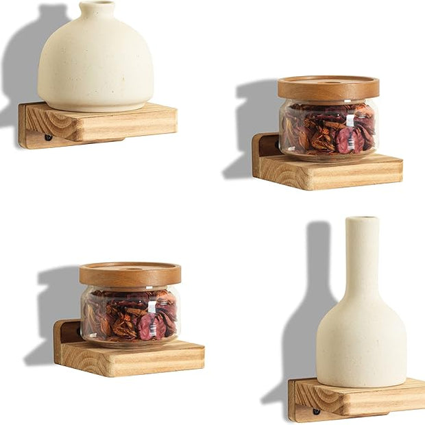 Freezing point Small Floating Shelf for Wall Set of 4 Natural Wood 4Inch Mini Wall Shelves Decor Plant Display Collectibles Mounted Kitchen Bathroom Bedroom Corner Decorative Storage Tiny Stand