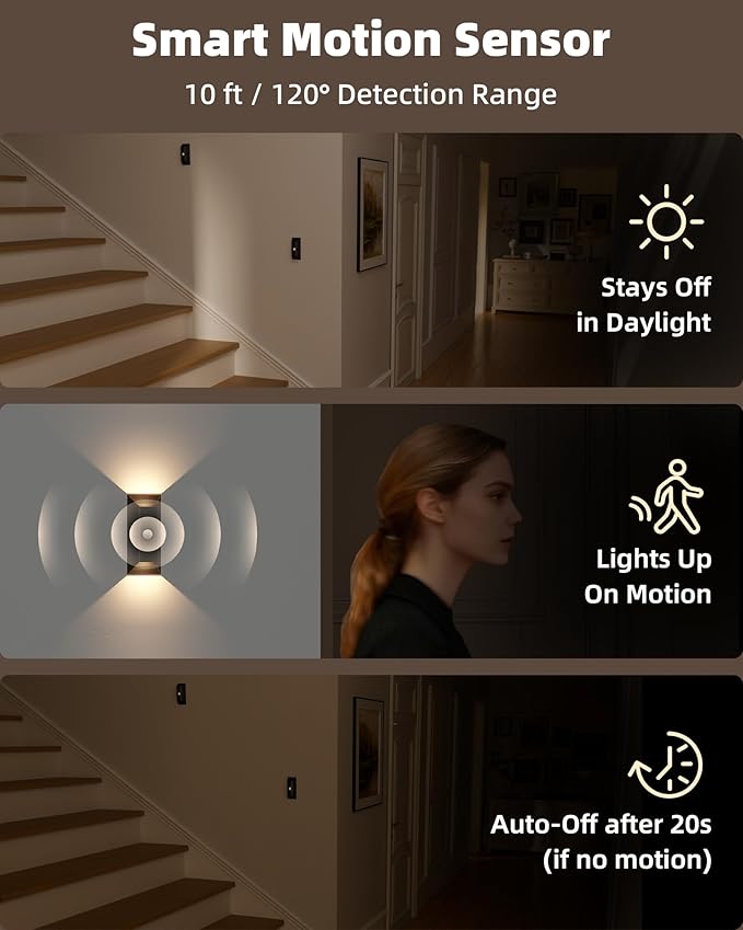 EZVALO Motion Sensor Wall Lights Indoor, 4000mAh Rechargeable Battery Operated Wall Sconces, 3 Color Temps, Dimmable, Wireless Magnetic Night Light with Remote, Timer, for Hallway, Stair, Bedroom