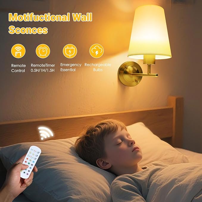 Battery Operated Wall Sconce Set of Two with Remote and Dimmable LED Bulbs, 12 Colors Cordless Rechargeable Wall Lights with Timer, Gold Wireless Wall Lamps for Bedroom Living Room Hallway Entryway