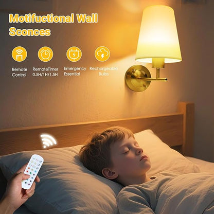 Battery Operated Wall Sconce Set of Two with Remote and Dimmable LED Bulbs, 12 Colors Cordless Rechargeable Wall Lights with Timer, Gold Wireless Wall Lamps for Bedroom Living Room Hallway Entryway