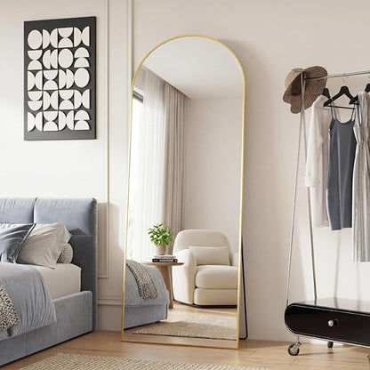 DUMOS Arched Full Length Mirror with Stand Floor Free Standing Aluminum Frame for Bedroom Body Hanging Leaning Modern Simple Home Decor Shatter-proorf Nano Glass Wall Gold 65"x24"