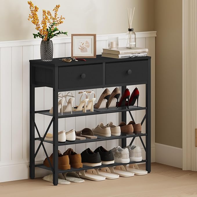 4 Tier Shoe Rack, Large Capacity Shoe Storage Organizer, Metal Shoe Shelf with Drawer and Wooden Top, for 16 Pairs of Shoes, for Entryway, Closet, Black SS24BB
