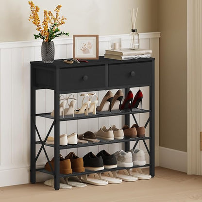 4 Tier Shoe Rack, Large Capacity Shoe Storage Organizer, Metal Shoe Shelf with Drawer and Wooden Top, for 16 Pairs of Shoes, for Entryway, Closet, Black SS24BB