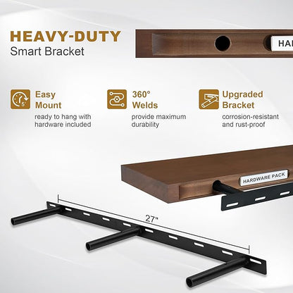 Fun Memories Floating Shelves, 9.3 Inch Deep Solid Pine Wood Wall Shelves for Storage, Rustic Wall Mounted Display Shelf with Invisible Heavy-Duty Metal Bracket, 48 Inch Width, Walnut