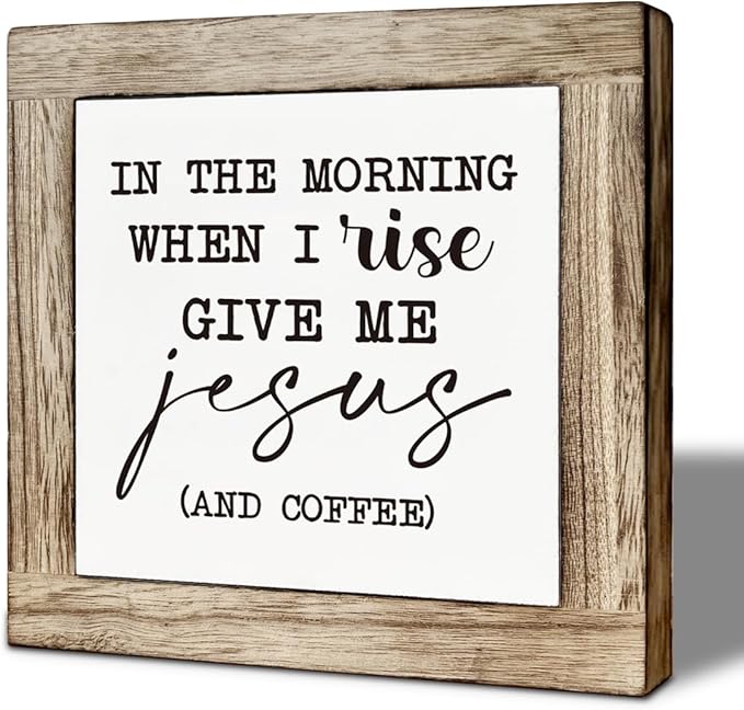 Coffee Bar Decor, In the Morning When I Rise Give Me Jesus and Coffee, Home Kitchen Table Top Decorations, Farmhouse Decorations for Bar Station, Rustic Wooden Table Top Decor 5.9×5.9 inch