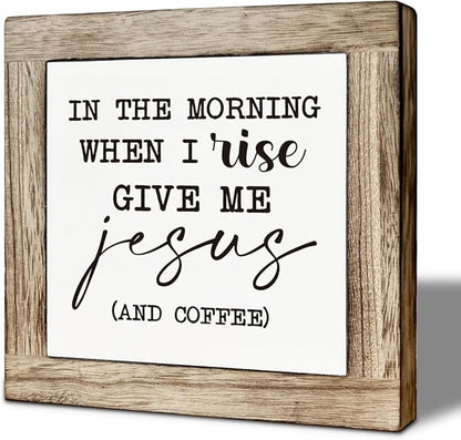 Coffee Bar Decor, In the Morning When I Rise Give Me Jesus and Coffee, Home Kitchen Table Top Decorations, Farmhouse Decorations for Bar Station, Rustic Wooden Table Top Decor 5.9×5.9 inch